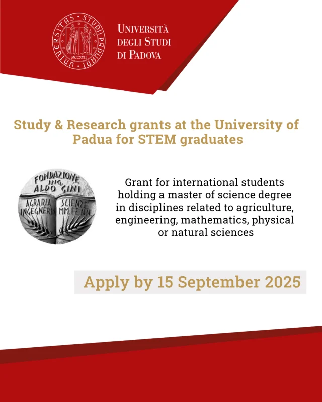 🚨 Calling all #international #STEM students! 🌍

🎓 @unipd and the Gini Foundation are offering #grants to study and conduct #research at the University of Padua!

📚 These grants are aimed at #students with a #Master's degree in:

🌾 Agriculture | ⚙️ Engineering | 📐 Mathematics | ⚛️ Physics | 🌿 Natural Sciences.

💸 #Grants of up to €25,000.
🗓️ Deadline: 15 September 2025.
📌 Applicants must be under 35 years old and must not hold a #PhD #scholarship.

🎯 Priority will be given to students from #ArqusUniversities!

More info on the webpage in the bio.